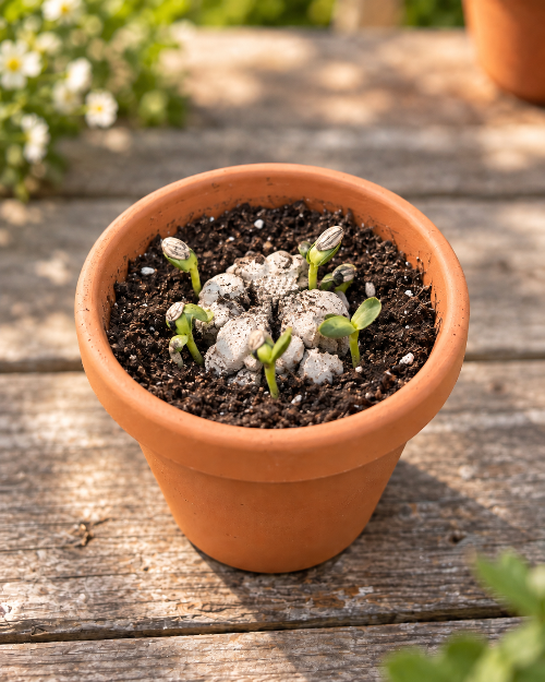 A terracotta potted seedling plant sitting on a weathered wooden deck outdoors, with small green sprouts emerging from dark soil and white stones inside the pot.
