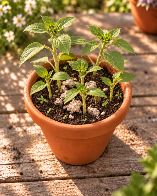 A small potted green plant in a terracotta-colored clay pot, sitting on a weathered wooden deck with blurred garden foliage in the background.