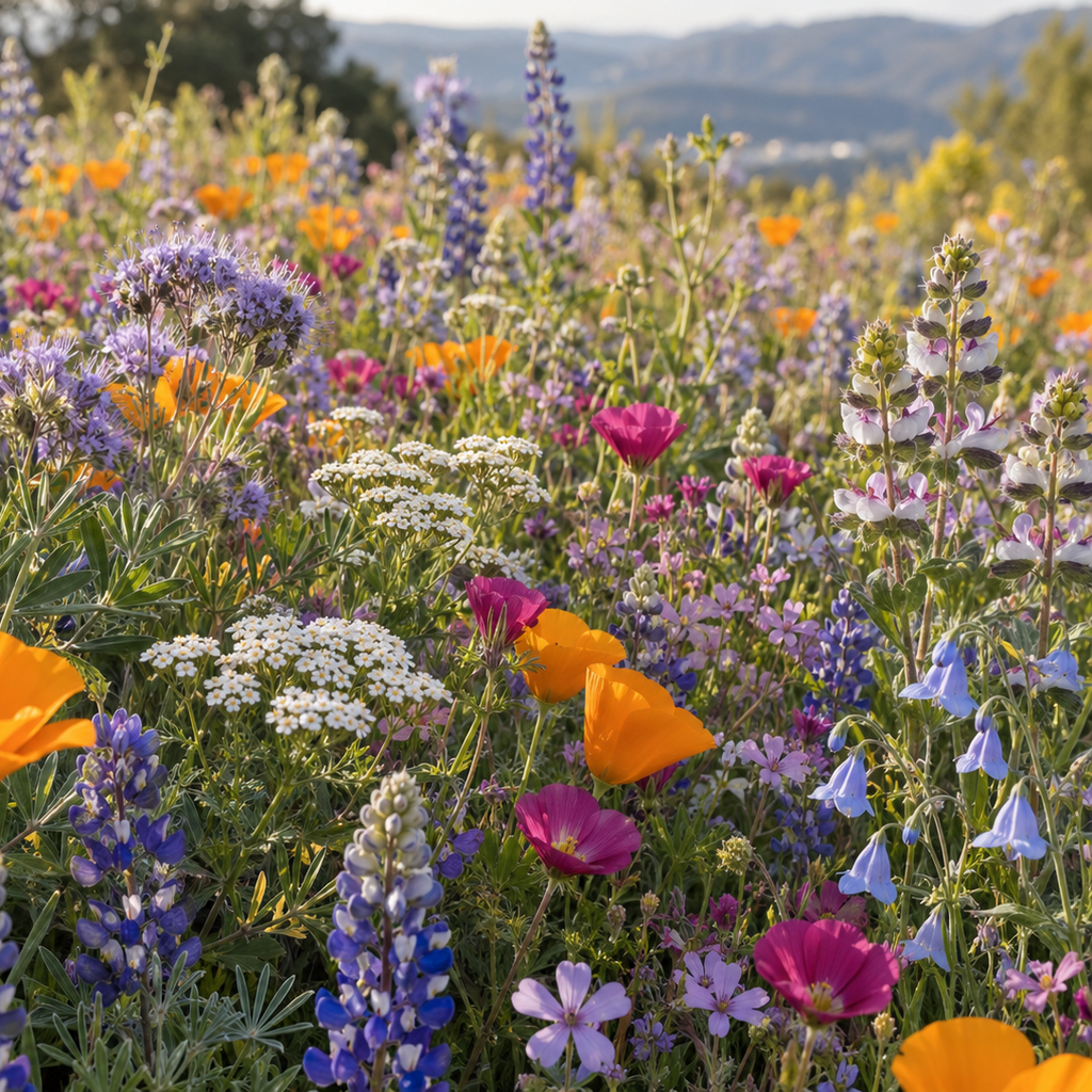 A vibrant wildflower meadow filled with bright orange poppies, purple lupines, pink bellflowers, and white yarrow under warm sunlight, with soft hills in the background.