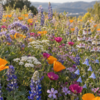 A vibrant wildflower meadow filled with bright orange poppies, purple lupines, pink bellflowers, and white yarrow under warm sunlight, with soft hills in the background.
