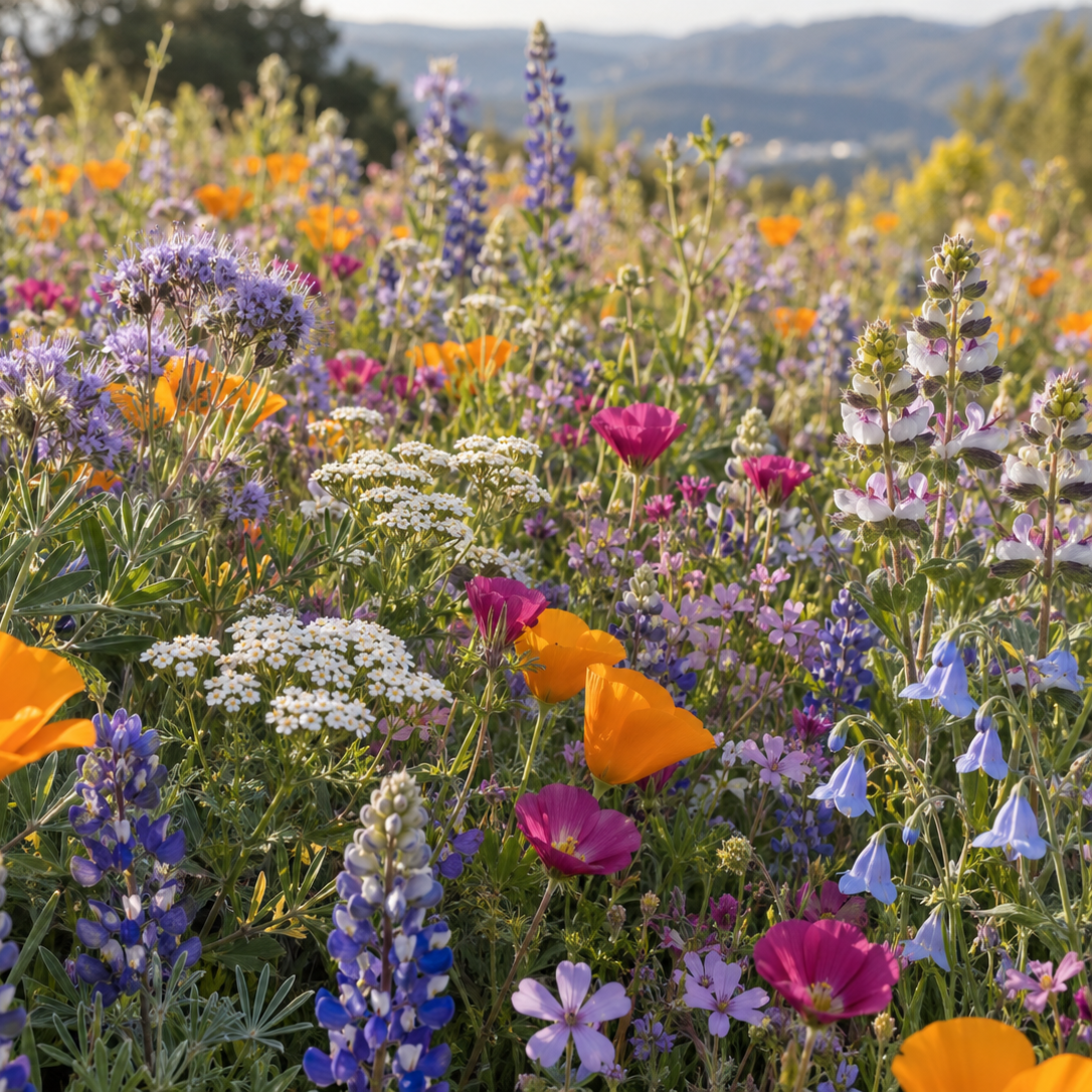 A vibrant wildflower meadow filled with bright orange poppies, purple lupines, pink bellflowers, and white yarrow under warm sunlight, with soft hills in the background.