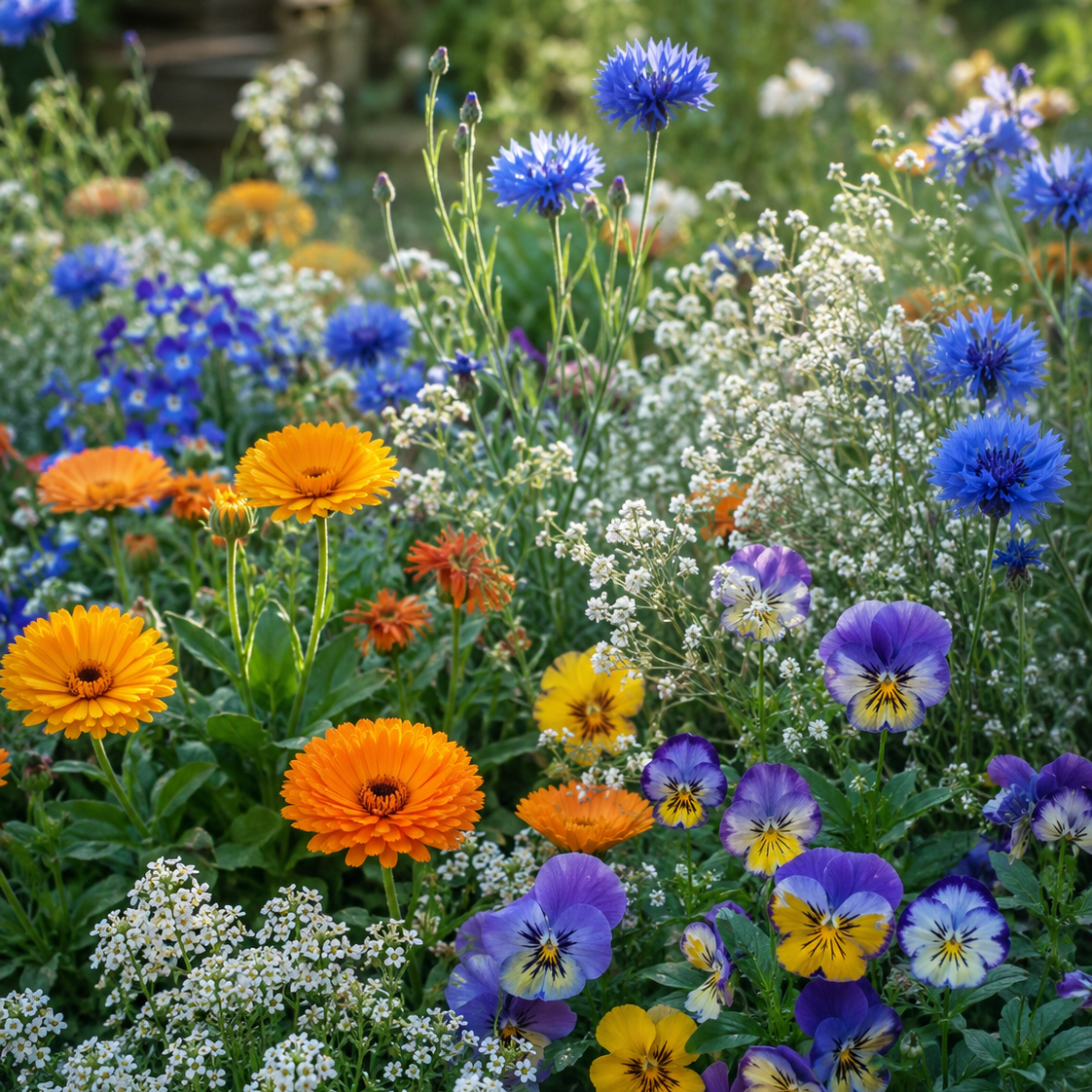 A dense, vibrant garden bed filled with a variety of wildflowers, including blue cornflowers, orange daisies, purple and yellow pansies, and clusters of small white flowers, all surrounded by green foliage.