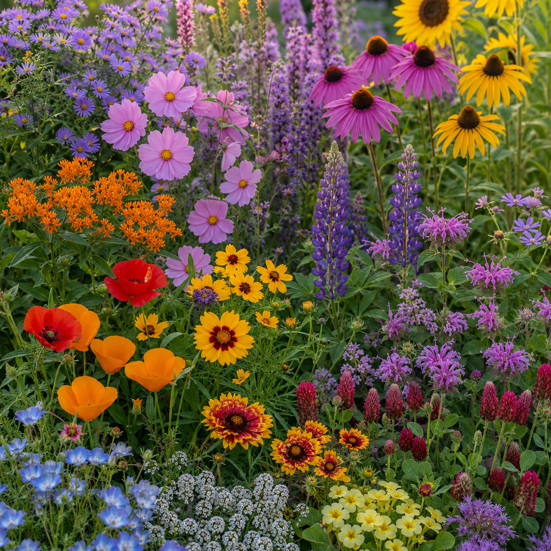 A dense, vibrant wildflower garden bed filled with a variety of colorful flowers including purple coneflowers, yellow sunflowers, orange poppies, pink daisies, and blue forget-me-nots among green foliage.