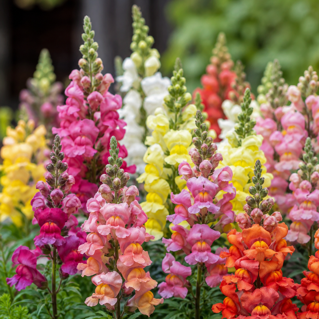 A close-up garden view of tall snapdragon flowers in multiple colors including pink, orange, yellow, white, and red, growing among green foliage.