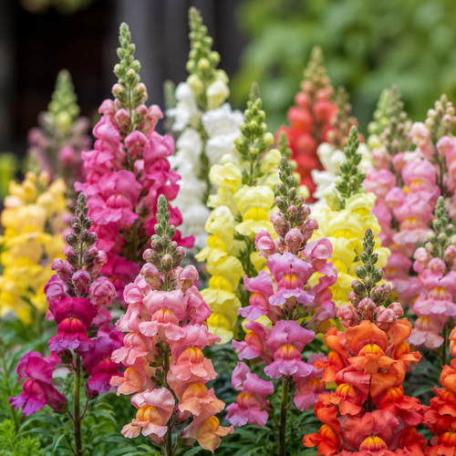 A close-up garden view of tall snapdragon flowers in multiple colors including pink, orange, yellow, white, and red, growing among green foliage.
