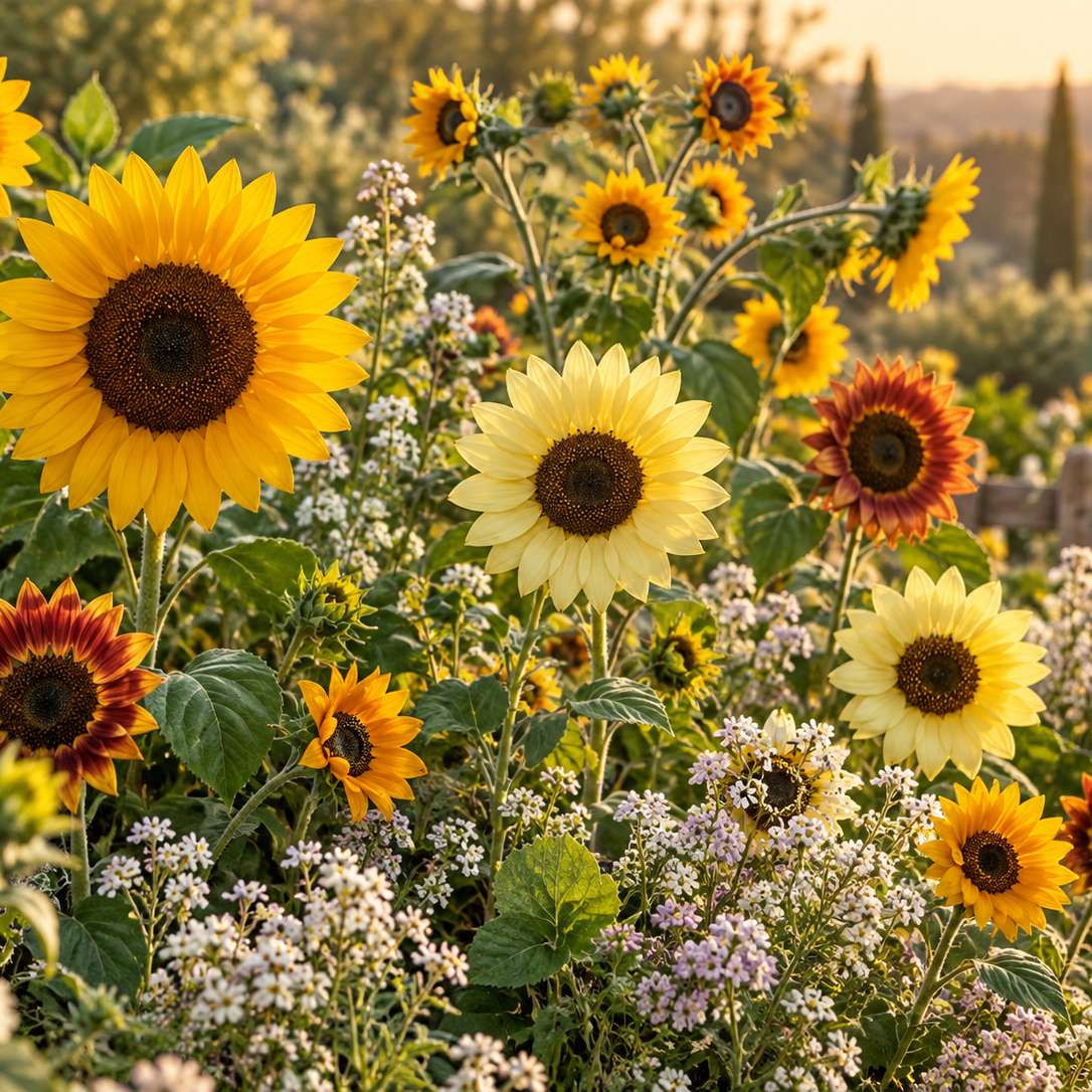 A dense garden bed filled with large sunflowers in yellow, cream, and red-orange tones, mixed with small white and lavender flowers, set against a softly blurred outdoor background at golden hour.