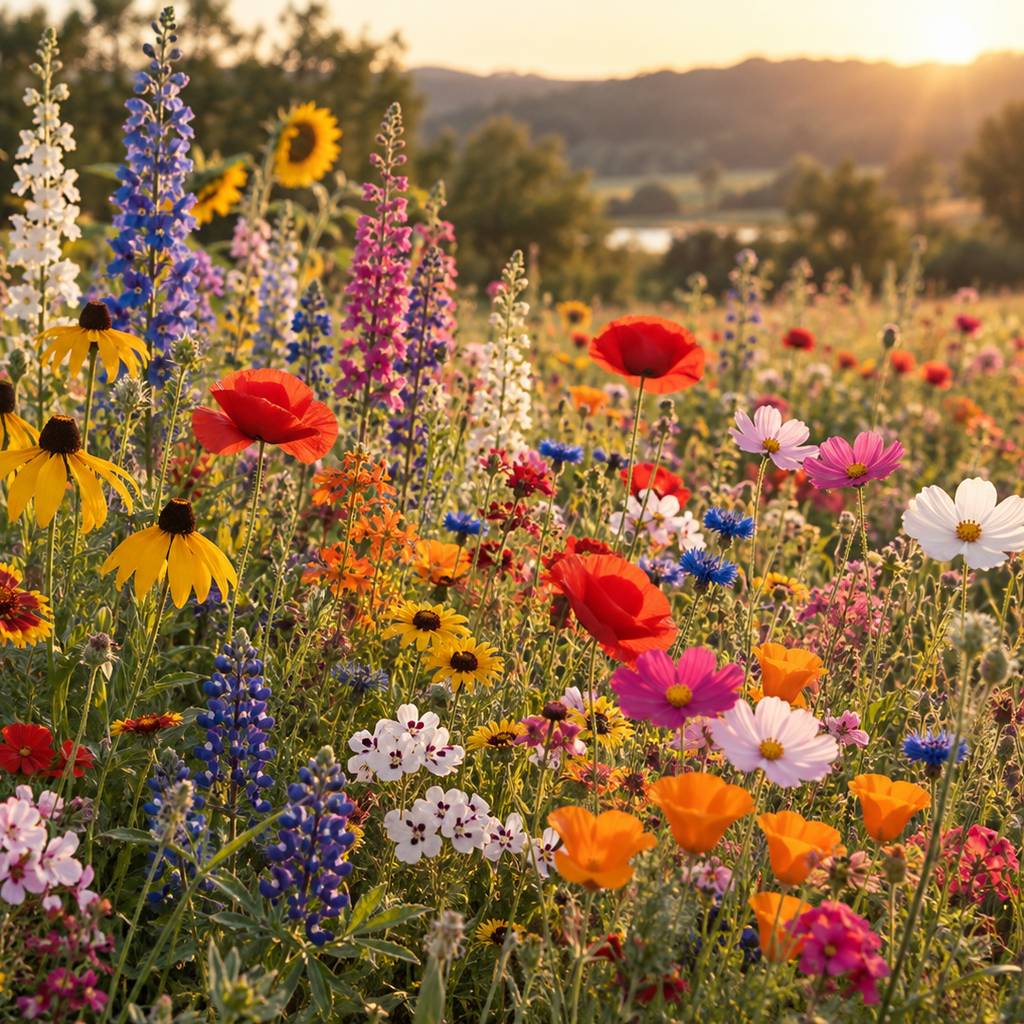A vibrant wildflower meadow in full bloom during golden hour, featuring a mix of red, yellow, pink, blue, orange, and white flowers including sunflowers, coneflowers, and poppies, with a soft-focus landscape and trees in the background.