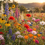 A vibrant wildflower meadow in full bloom during golden hour, featuring a mix of red, yellow, pink, blue, orange, and white flowers including sunflowers, coneflowers, and poppies, with a soft-focus landscape and trees in the background.