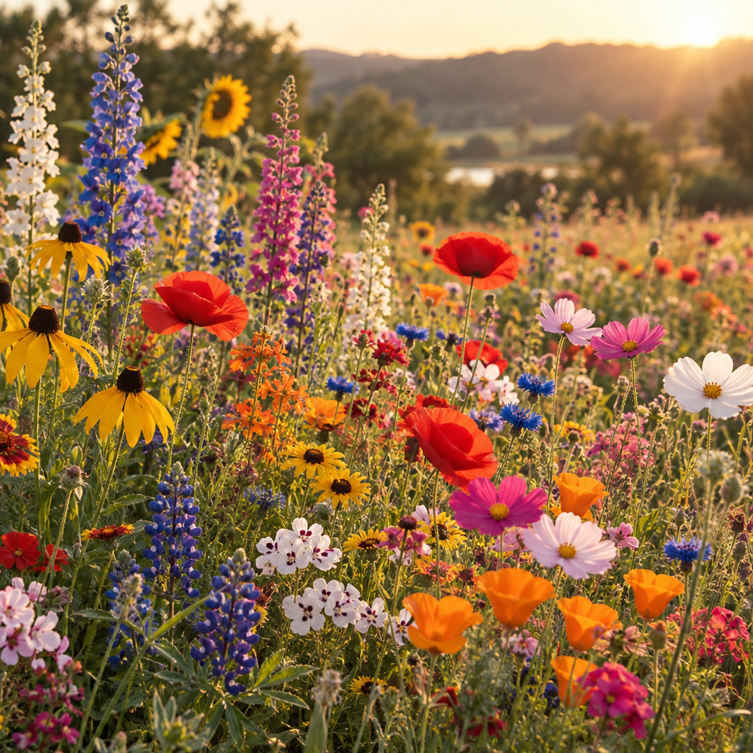 A vibrant wildflower meadow in full bloom during golden hour, featuring a mix of red, yellow, pink, blue, orange, and white flowers including sunflowers, coneflowers, and poppies, with a soft-focus landscape and trees in the background.